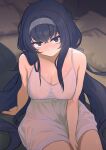 1girl black_eyes black_hair blue_archive blush breasts camisole cleavage closed_mouth collarbone covered_nipples cowboy_shot grey_hairband hair_between_eyes hairband hatahata_(hnuj4272) highres large_breasts long_hair looking_at_viewer solo spaghetti_strap ui_(blue_archive) white_camisole 