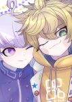  2boys :3 ahoge blonde_hair blush chocokana closed_mouth commentary_request desuhiko_thunderbolt green_eyes hair_between_eyes highres hood hood_down hoodie jacket looking_at_another looking_at_viewer male_focus master_detective_archives:_rain_code multiple_boys one_eye_closed purple_eyes purple_hair short_hair smile star_(symbol) star_in_eye symbol_in_eye upper_body white_jacket yellow_hoodie yuma_kokohead 