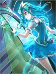  1girl a.i._(precure) aqua_choker aqua_dress aqua_eyes aqua_hair aqua_pantyhose artist_name asymmetrical_clothes asymmetrical_legwear aura border choker clear_glass_(mildmild1311) commentary_request cure_milky dress earrings eyelashes hagoromo_lala hair_ornament hairband happy highres jewelry light_smile magical_girl medium_hair multicolored_border pantyhose precure rocket signature single_leg_pantyhose smile solo spacecraft_interior standing star_(symbol) star_earrings star_hair_ornament star_twinkle_precure twitter_username wrist_cuffs 