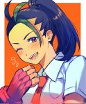  1girl black_hair blush border breast_pocket clenched_hand collared_shirt commentary fingerless_gloves gloves green_hair hand_up highres kinomi_3030 looking_at_viewer multicolored_hair necktie nemona_(pokemon) notice_lines one_eye_closed open_mouth orange_eyes outside_border pocket pokemon pokemon_(game) pokemon_sv ponytail red_gloves red_necktie shirt short_sleeves solo streaked_hair teeth two-tone_hair upper_body white_border white_shirt 