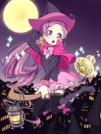  1girl :o black_footwear black_thighhighs blush boots broom broom_riding capelet choker commentary_request dark_background eyelashes full_moon hair_ornament hanasaki_tsubomi hat heartcatch_precure! high_heel_boots high_heels highres knee_boots long_hair looking_at_viewer matatabi_(karukan222) moon night pink_capelet pink_choker pink_eyes pink_hair pink_skirt ponytail precure skirt solo thighhighs thighs witch witch_hat 