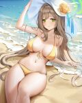  1girl absurdres bare_shoulders bikini blue_archive blush breasts cleavage collarbone green_eyes halo hat highres jademoon large_breasts light_brown_hair long_hair looking_at_viewer navel nonomi_(blue_archive) nonomi_(swimsuit)_(blue_archive) smile solo sun_hat swimsuit thighs very_long_hair white_headwear yellow_bikini 