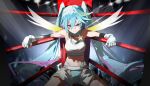  1girl absurdres alternate_costume arm_rest blonde_hair blue_eyes blue_gloves blue_hair blurry blurry_background bruise bruise_on_face commentary cowboy_shot crotch_cutout diffraction_spikes elbow_sleeve energy_wings fingerless_gloves frown glaring gloves hair_between_eyes hatsune_miku high-waist_panties highres injury jiu_ye_sang legs_apart long_hair looking_at_viewer midriff multicolored_hair navel outstretched_arms pink_hair ring_no_seraph_(vocaloid) shorts sitting solo spread_arms stage_lights star_pin streaked_hair tank_top v-shaped_eyebrows very_long_hair vocaloid white_shorts white_tank_top wings wrestling_outfit wrestling_ring 