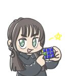  1girl :3 black_dress black_hair commentary_request dress ferret-san green_eyes holding long_hair low_twintails no_nose open_mouth original photo-referenced pointing rubik&#039;s_cube simple_background smile solo star_(symbol) twintails white_background 
