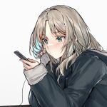  1girl an-94_(girls&#039;_frontline) aqua_eyes blonde_hair blush cable cellphone coat fur-trimmed_coat fur_trim girls&#039;_frontline grey_background highres holding holding_phone hood hood_down long_hair long_sleeves looking_at_phone nishiro_ryoujin phone simple_background smartphone solo upper_body 