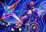  1girl absurdres bare_back bare_shoulders bird cqtlatte fine_art_parody from_behind genshin_impact hat highres long_hair mona_(genshin_impact) parody purple_hair signature sleeveless solo star_(symbol) starry_night twintails witch_hat 