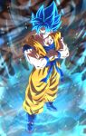  1boy blue_eyes blue_footwear blue_hair boots collarbone dragon_ball dragon_ball_super fingernails full_body highres male_focus muscular muscular_male rom_(20) short_hair son_goku standing super_saiyan super_saiyan_blue 