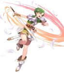 1girl armor belt boots breastplate dress earrings feathers fee_(fire_emblem) fire_emblem fire_emblem:_genealogy_of_the_holy_war fire_emblem_heroes full_body gold_trim green_eyes grey_hair headband highres holding holding_sword holding_weapon jewelry leg_up non-web_source official_art open_mouth sheath sheathed short_dress short_hair short_sleeves shoulder_armor slashing solo swinging sword teeth upper_teeth_only very_short_hair weapon white_background white_footwear white_headband yuko_(uc_yuk) 