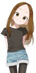  1girl :d absurdres arms_behind_back black_pantyhose black_shirt blue_shorts brown_eyes brown_hair commentary cowboy_shot denim denim_shorts dot_nose from_below grin highres karakai_jouzu_no_takagi-san large_forehead light_blush long_hair looking_at_viewer looking_down medium_eyebrows official_art pants pants_rolled_up pantyhose pocket shirt short_sleeves shorts simple_background smile solo standing t-shirt takagi-san teeth untucked_shirt white_background yamamoto_souichirou 