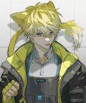  1boy :p absurdres animal_ears black_jacket blonde_hair closed_mouth collared_shirt commentary english_commentary fingerless_gloves gloves gradient_hair grey_shirt hair_between_eyes hand_up highres jacket keita_kg85 lion_boy lion_ears lion_tail load_bearing_vest looking_at_viewer male_focus mole mole_on_neck multicolored_hair nijisanji nijisanji_en open_clothes open_jacket paw_pose purple_eyes shadow shirt short_hair solo sonny_brisko tail tongue tongue_out upper_body vest virtual_youtuber yellow_gloves zipper 