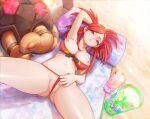  1girl arm_up beach bikini breasts breasts_out closed_mouth collarbone cup flannery_(pokemon) large_breasts looking_at_viewer lying navel nipples partially_visible_vulva perspective pokemon pokemon_(creature) pokemon_(game) pokemon_oras pussy red_eyes red_hair sand shiny_skin spread_legs swimsuit torkoal yugen99 