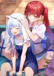  2girls animal_ear_fluff animal_ears belt black_belt blue_dress blue_hair blue_nails blush cat_ears closed_eyes collared_shirt dress drying drying_hair earrings fins fish_tail gawr_gura gawr_gura_(2nd_costume) gold_earrings hair_ornament hairpin heart heart_earrings heterochromia hololive hololive_english houshou_marine jewelry long_hair medium_hair multicolored_hair multiple_girls nail_polish official_alternate_costume open_mouth red_eyes red_hair red_nails shark_girl shark_tail sharp_teeth shinkiro_(hololive) shirt skirt skirt_set streaked_hair tail tauta_(meshia8787) teeth twintails upper_teeth_only virtual_youtuber white_hair white_shirt yellow_eyes 