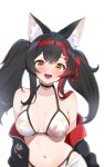  1girl :d animal_ear_fluff animal_ears bare_shoulders bikini black_choker black_hair black_jacket blush breasts choker cleavage collarbone hair_ornament hairband highres hololive jacket kani_bonara leaf_print long_hair looking_at_viewer multicolored_hair navel off_shoulder ookami_mio ookami_mio_(hololive_summer_2019) print_bikini red_hair red_hairband shorts simple_background skindentation smile solo streaked_hair swimsuit two-sided_fabric two-sided_jacket virtual_youtuber white_background white_bikini white_shorts wolf_ears wolf_girl 