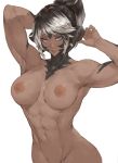  1girl abs arm_behind_head armpits arms_up au_ra black_hair black_horns blue_eyes breasts dark-skinned_female dark_nipples dark_skin eyebrows_hidden_by_hair final_fantasy final_fantasy_xiv freckles grey_hair groin high_ponytail highres horns large_breasts light_smile lips long_hair looking_at_viewer multicolored_hair navel nipples nude out-of-frame_censoring parted_lips scales simple_background solo stomach swept_bangs tezy8art toned two-tone_hair upper_body warrior_of_light_(ff14) white_background 