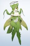  1girl arthropod_girl arthropod_limbs black_sclera blue_background breasts carapace colored_sclera colored_skin daon_(kenta111881) extra_arms full_body fur_trim gradient_background green_hair green_skin green_wings hair_over_one_eye hands_up head_tilt highres insect_wings looking_at_viewer mantis_girl medium_breasts monster_girl no_feet open_mouth original parasite short_hair solo standing tail tongue tongue_out white_background white_skin wings worm yellow_eyes 