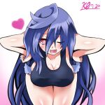  1girl blue_hair breasts heart hot iris_heart kami_jigen_game_neptune_v kurozero large_breasts long_hair looking_at_viewer neptune_(series) one_eye_closed power_symbol red_eyes sideboob smile solo symbol-shaped_pupils very_long_hair 