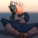  1boy alternate_universe boots bulge closed_mouth collarbone dragon_ball dragon_ball_super gloves head_on_head head_rest light_particles male_focus muscular muscular_male on_ground saiyan_armor shadow spiked_hair supobi ultra_instinct vegeta white_eyes white_gloves white_hair 