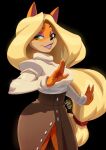  activision anthro bandicoot black_background blonde_hair clothed clothing crash_bandicoot_(series) female green_eyes hair hi_res high_waisted_skirt long_hair long_sleeves mammal marsupial portrait shirt simple_background smile solo three-quarter_portrait topwear tovio_rogers white_clothing white_shirt white_topwear 