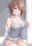  1girl absurdres blush breasts brown_hair camisole cleavage closed_mouth collarbone green_eyes grey_camisole grey_panties hair_between_eyes highres indoors kantai_collection large_breasts long_sleeves monoku mutsu_(kancolle) open_clothes open_shirt panties shirt short_hair smile solo underwear white_shirt 