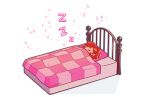 1girl bed bed_frame blanket closed_eyes highres lying neekosiah on_back persona persona_3 persona_3_portable pillow ponytail red_hair shiomi_kotone simple_background sleeping solo sparkle star_(symbol) twitter_username u_u under_covers white_background zzz 