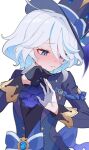  1girl ascot black_gloves blue_ascot blue_brooch blue_eyes blue_hair blue_headwear blue_jacket blush furina_(genshin_impact) furrowed_brow genshin_impact gloves hair_between_eyes hat heterochromia highres jacket light_blue_hair looking_down multicolored_hair ponpe_max short_hair sidelocks simple_background solo streaked_hair sweatdrop top_hat two-tone_hair upper_body white_background white_gloves 