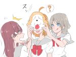  3girls ? ahoge blue_eyes blush bow bowtie braid breasts cleavage commentary_request grey_hair grey_sailor_collar grey_skirt hair_bow hair_ornament hairclip hands_up kashikaze long_hair love_live! love_live!_sunshine!! mask multiple_girls open_mouth orange_hair red_bow red_bowtie red_hair sailor_collar sakurauchi_riko scared school_uniform serafuku shirt short_hair short_sleeves side_braid skirt smile spoken_question_mark sweatdrop takami_chika teeth tongue tongue_out upper_body upper_teeth_only uranohoshi_school_uniform watanabe_you white_shirt yellow_bow 