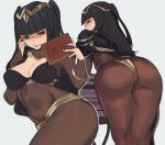  1girl absurdres ass black_cape black_eyes black_hair black_nails blunt_bangs bodystocking book bracelet breasts bridal_gauntlets cape cleavage covered_navel facing_away fire_emblem fire_emblem_awakening highres holding holding_book jewelry long_hair looking_back medium_breasts nail_polish simple_background solo tharja_(fire_emblem) tiara two_side_up white_background whoopsatro 