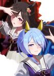  2girls absurdres animal_ears arm_up blue_eyes blue_hair bow bowtie brown_hair daiichi_ruby_(umamusume) flower hair_bow hair_flower hair_ornament highres horse_ears izu_lemon k.s.miracle_(umamusume) long_hair looking_at_viewer multiple_girls open_mouth purple_eyes purple_shirt sail school_uniform shirt short_hair short_sleeves skirt tracen_school_uniform twitter_username umamusume watermark white_skirt 