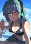  1girl 1other absurdres ambiguous_gender antonina_(neural_cloud) beach bikini bird black_bikini blue_sky breasts cleavage cup drinking_straw drinking_straw_in_mouth girls&#039;_frontline girls&#039;_frontline_neural_cloud green_hair hand_on_another&#039;s_hand headphones highres holding holding_cup looking_at_viewer messy_hair ocean professor_(neural_cloud) ryunosuke_nikaido sarong seagull see-through_sarong sitting sky small_breasts solo_focus sweat swimsuit yellow_eyes 