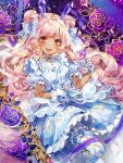  1girl blue_dress copyright_request crystal cup dark-skinned_female dark_skin dress flower frilled_dress frills gloves heart heart_necklace hieihirai highres holding holding_cup jewelry looking_at_viewer necklace picture_frame pink_eyes pink_hair ribbon rose smile 