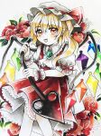  1girl ascot back_bow blonde_hair bow brooch collared_shirt crystal feet_out_of_frame flandre_scarlet floral_background flower frilled_shirt_collar frilled_sleeves frills green_brooch hair_between_eyes hat hat_ribbon highres holding holding_polearm holding_weapon jewelry laevatein_(touhou) large_bow leaf looking_at_viewer maa_(forsythia1729) marker_(medium) medium_hair mob_cap multicolored_wings one_side_up open_mouth pointy_ears polearm red_eyes red_flower red_ribbon red_skirt red_vest ribbon ribbon-trimmed_headwear ribbon_trim shirt skirt skirt_set sleeve_ribbon solo teeth touhou traditional_media upper_teeth_only vest weapon white_ascot white_background white_bow white_headwear white_shirt wings wrist_cuffs 