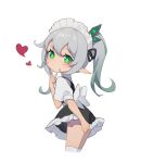  1girl alternate_costume blush cropped_legs enmaided frilled_sleeves frills genshin_impact green_eyes hand_up heart highres lingwuye looking_at_viewer maid maid_headdress nahida_(genshin_impact) pointy_ears short_sleeves side_ponytail skirt skirt_tug socks solo white_hair white_socks 