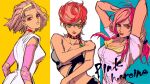  3girls arms_up bandeau bare_shoulders braid breasts cleavage collarbone diamond_wa_kudakenai dress english_text green_eyes hairband highres hirose_yasuho jojo_no_kimyou_na_bouken jojo_pose jojolion looking_at_viewer multicolored_background multiple_girls pink_hair red_eyes red_lips shirt short_hair sleeveless sleeveless_dress sugimoto_reimi taoyura trish_una upper_body vento_aureo white_dress white_shirt 