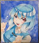  1girl 283win :d acrylic_paint_(medium) blue_background blue_eyes blue_hair breasts commentary_request heart heterochromia looking_at_viewer open_mouth painting_(medium) photo_(medium) red_eyes shikishi short_hair sidelocks smile solo tatara_kogasa teeth touhou traditional_media upper_body upper_teeth_only 