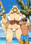  1boy 1girl abs bare_shoulders barghest_(fate) barghest_(swimsuit_archer)_(fate) barghest_(swimsuit_archer)_(final_ascension)_(fate) beach biceps bikini blonde_hair blue_shorts blue_sky blush breasts brown_hair bulge cleavage collarbone fate/grand_order fate_(series) fingerless_gloves gloves green_eyes gun half-closed_eyes heavy_breathing highres horns huge_breasts long_hair looking_at_viewer multicolored_bikini multicolored_clothes muscular muscular_female navel nimuno_(munimuni) palm_tree shore short_hair shorts sky swimsuit tan thick_thighs thighs tree v variant_set weapon white_bikini yellow_gloves 