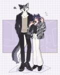  1boy 1girl black_footwear black_jacket black_nails black_pants black_tank_top blush closed_mouth earrings frown fur_coat furry furry_male furry_with_non-furry green_eyes heterochromia highres interspecies jacket jewelry locked_arms necklace open_mouth original pants paw_pose purple_hair rata_(norahasu) standing tank_top white_pants wolf_boy 