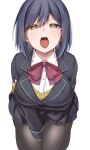  1girl between_legs blazer blue_hair breasts hand_between_legs highres jacket komekueyo large_breasts looking_at_viewer nijisanji open_mouth pantyhose ribbon school_uniform seiza shizuka_rin short_hair sitting skirt solo tongue tongue_out virtual_youtuber yellow_eyes 