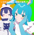  2girls :/ animal animal_ears apron astronaut blue_collar blue_eyes blue_gloves blue_hair blush_stickers cat closed_eyes closed_mouth clothed_animal collar creator_connection dress elbow_gloves facing_viewer flipped_hair gloves gradient_background green_background hair_through_headwear hand_on_own_cheek hand_on_own_face happy_anniversary helmet highres holding holding_animal holding_cat hoshoku_hihoshoku_(vocaloid) long_hair looking_at_viewer mitty3302004 multiple_girls orange_background over!_(vocaloid) puffy_short_sleeves puffy_sleeves rabbit_ears rabbit_girl short_sleeves smile songover space_helmet spacesuit translation_request two-tone_eyes upper_body v vocaloid white_apron white_dress yellow_eyes 