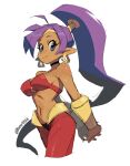  2022 blue_eyes bodily_fluids breasts brown_body brown_skin clothing ear_piercing ear_ring female genie hair hata4564 hi_res humanoid humanoid_pointy_ears looking_at_viewer navel not_furry piercing ponytail purple_hair ring_piercing shantae shantae_(series) signature simple_background solo sweat wayforward 