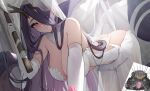  1boy 1girl antlers axe azur_lane bare_shoulders blush breasts commander_(azur_lane) elbow_gloves gloves golden_hind_(azur_lane) golden_hind_(forlorn_femme_fatale)_(azur_lane) hair_over_one_eye heart heart-shaped_pupils highres holding holding_axe holding_sex_toy holding_weapon horns large_breasts long_hair looking_at_viewer mole mole_under_mouth official_alternate_costume parted_lips power_armor purple_eyes purple_hair qing_wu reindeer_antlers revealing_clothes sex_toy suction_cups symbol-shaped_pupils tentacles trembling veil weapon white_gloves 