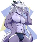  abs absurd_res anthro bottomwear clothed clothing dragon hi_res jockstrap lofnirv looking_at_viewer male muscular muscular_anthro muscular_male pecs pubes simple_background smile solo tail teeth underwear underwear_only 