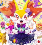  1girl animal_ear_fluff animal_ears animal_nose artist_name back_bow bat_(animal) blush blush_stickers body_fur bow bowtie braixen breasts brooch candy clothed_pokemon colorful commentary_request cowboy_shot cream doughnut fangs flat_chest flower food fox_ears fox_girl frilled_skirt frilled_sleeves frills fruit furry furry_female gem hair_flower hair_ornament happy highres jewelry kiki_(431642) lollipop looking_at_viewer miniskirt multicolored_background open_mouth outline pokemon pokemon_(creature) puffy_short_sleeves puffy_sleeves purple_bow purple_bowtie purple_flower purple_gemstone purple_rose purple_skirt rare_candy red_bow red_eyes revive_(pokemon) rose shirt shirt_tucked_in short_sleeves skirt small_breasts smile snout solo standing strawberry twitter_username two-tone_fur watermark white_fur white_outline white_shirt yellow_bow yellow_fur 