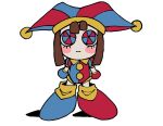  1girl asymmetrical_gloves blue_eyes blue_gloves brown_hair detached_eyes gloves hat hat_bell jester jester_cap koafreedraw mismatched_gloves multicolored_clothes multicolored_headwear pomni_(the_amazing_digital_circus) puffy_short_sleeves puffy_sleeves red_eyes red_gloves short_sleeves solo solo_focus striped striped_headwear the_amazing_digital_circus two-tone_eyes two-tone_sash vertical-striped_bodysuit vertical-striped_headwear vertical_stripes 