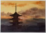  architecture building cloud cloudy_sky day east_asian_architecture highres orange_sky original pagoda painting_(medium) sky sunlight sunset tlctm7h8wdwnthx traditional_media watercolor_(medium) 