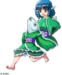  1girl absurdres blue_hair commentary dated drill_hair drill_sidelocks english_commentary fins frilled_kimono frills green_kimono head_fins highres japanese_clothes kimono profitshame sash short_hair sidelocks signature simple_background touhou wakasagihime wakasagihime_(fish) white_background 