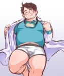  1boy absurdres aqua_shirt bara belly boxer_briefs bulge facial_hair facing_viewer feet_out_of_frame glasses grey_hair head_tilt highres labcoat male_focus male_underwear mature_male merchandise midriff_peek navel_hair neroli_(pokemon) no_pants osu(statatatatatata) plump pokemon_sleep round_eyewear shirt short_hair sleep_mask snorlax solo stubble sweatdrop thick_eyebrows underwear undressing unfinished white_male_underwear 