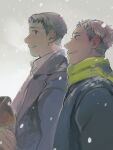  2boys alternate_costume collared_shirt from_side jean_kirchstein looking_ahead male_focus marco_bodt multiple_boys musikolis scarf shingeki_no_kyojin shirt short_hair sideburns sideways_glance smile snowing upper_body winter_clothes yaoi 