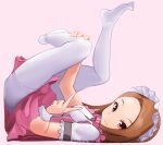  1girl bow bowtie breasts brown_eyes brown_hair ch2haya_p closed_mouth dot_nose dress feet frilled_dress frills from_side full_body highres holding_own_leg idolmaster idolmaster_(classic) idolmaster_million_live! idolmaster_million_live!_theater_days legs_up long_hair looking_at_viewer lying minase_iori on_back pantyhose pink_background pink_bow pink_bowtie pink_corset pink_dress pretty_waitress_(idolmaster) puffy_short_sleeves puffy_sleeves short_sleeves simple_background small_breasts smile solo toes underbust v white_headdress white_pantyhose white_wrist_cuffs 