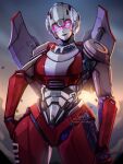  1girl absurdres android arcee artist_name autobot cowboy_shot goggles gradient_background highres joints looking_at_viewer mecha robot robot_joints science_fiction smile solo standing transformers transformers:_rise_of_the_beasts transformers_(live_action) twitter_username white_eyes xuuikie_ashe 