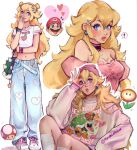  ! 1girl baggy_clothes bare_shoulders beanie black_choker blonde_hair blue_eyes blush bowser bracelet breasts choker crop_top denim double_bun dress earrings full_body hair_between_eyes hair_bun hair_ornament hairclip hand_to_own_mouth hat highres jeans jewelry long_hair long_sleeves mario mario_(series) medium_breasts midriff multiple_views mushroom navel necklace off-shoulder_dress off_shoulder pants pink_dress pink_headwear pink_sweater princess_peach print_shirt shirt shoes short_sleeves sneakers socks spoken_exclamation_mark sweater t-shirt tanyalehoux the_super_mario_bros._movie upper_body white_background white_shirt white_socks 